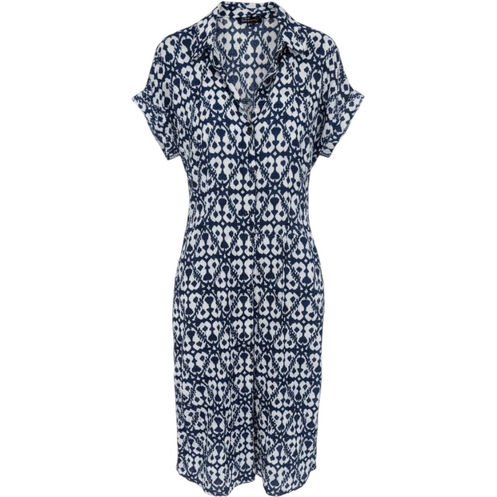 Jewel Badgley Mischka Shirt Dress Women Large Blue White Ikat Geometric Midi